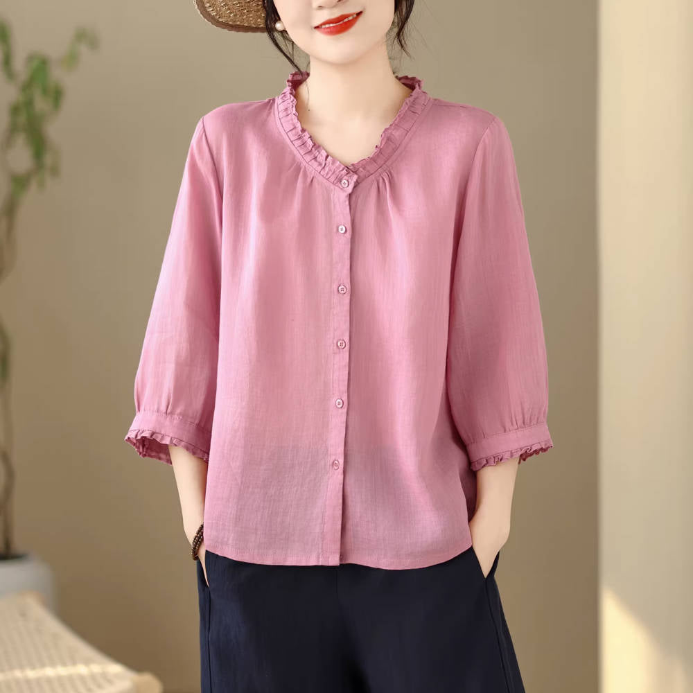 Retro Solid Color Ramie Ruffled Neck Thin Elegant Half Sleeves Shirt