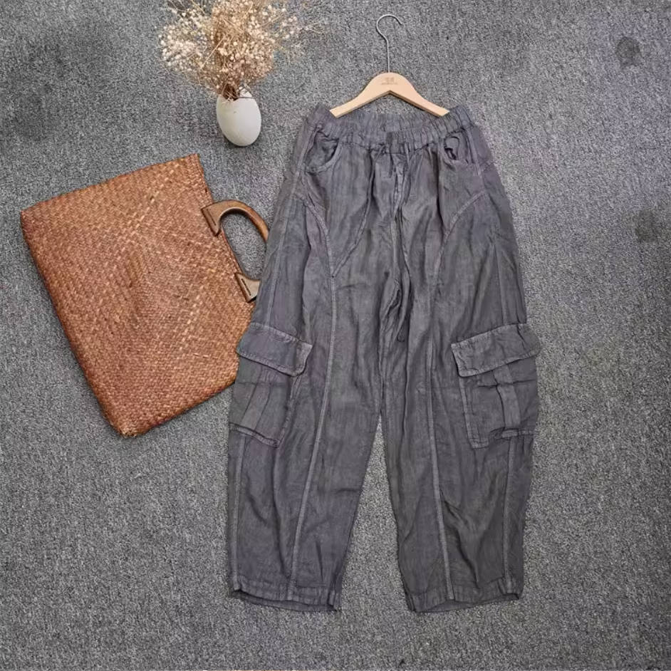 Casual Linen Solid Color Versatile Loose Cargo Pants