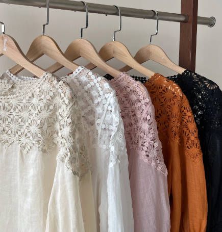 Women Ramie Round Neck Crochet Hollow-out Mid Sleeve Blouse