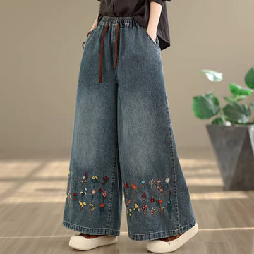 Vintage Denim Loose Embroidered Elastic Waist Lace-Up Jeans