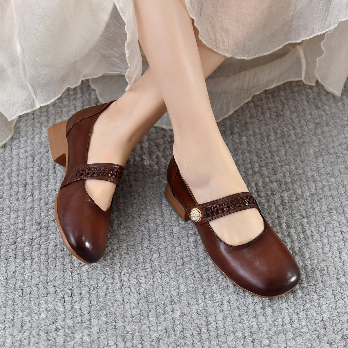 Trendy Leather Fashion Round Toe One Straped Low Heel Shoes