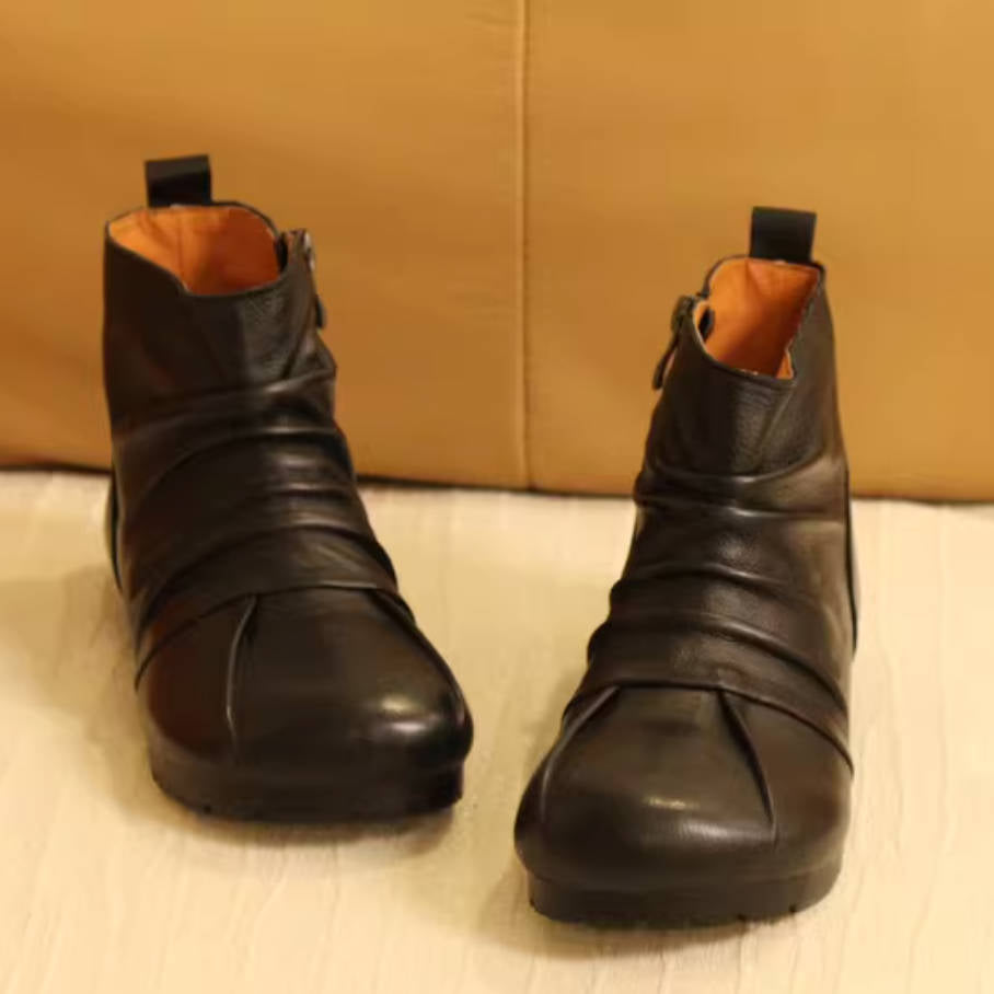 Babakud Top Leather Round Toe Wrinkle Casual Zipper Flat Boots