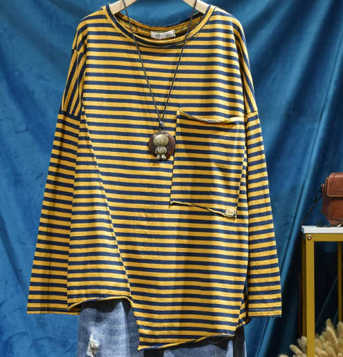 Women Casual Loose Fit Long Sleeve Striped Cotton T-Shirt