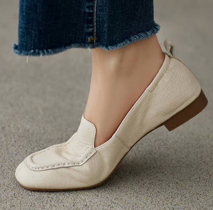Women Retro Leather Square Toe Chunky Heel Pumps Soft Slip-on Loafers