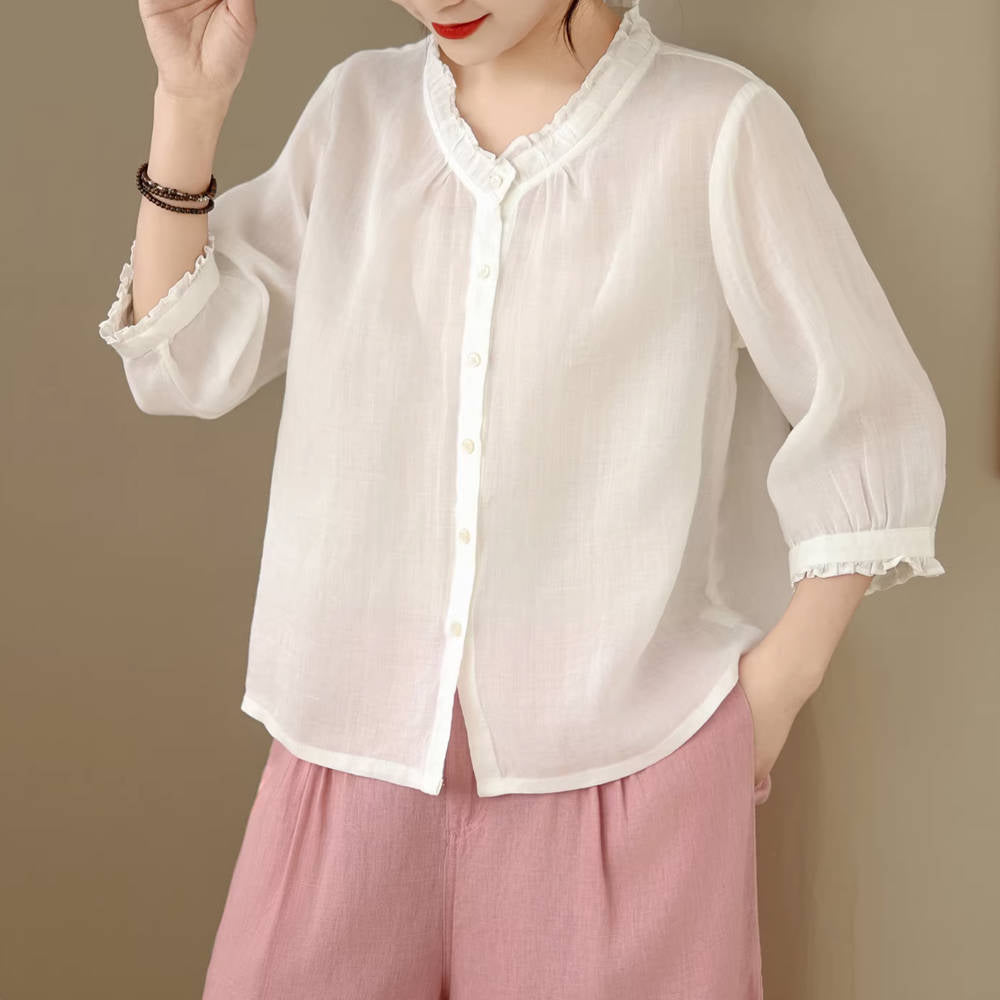 Retro Solid Color Ramie Ruffled Neck Thin Elegant Half Sleeves Shirt