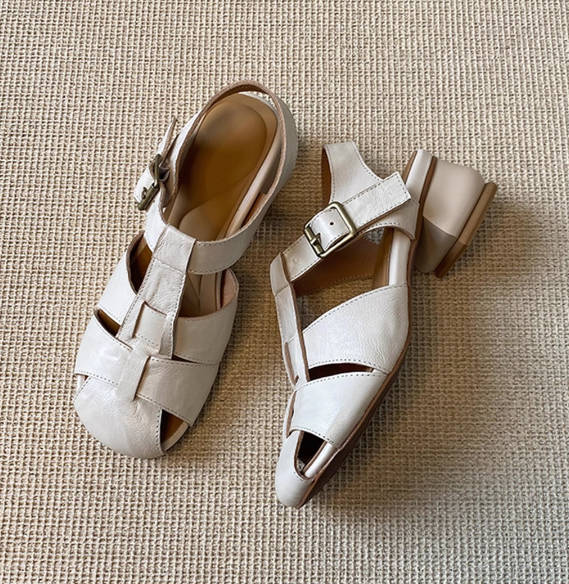 Hollow Out Leather Single Strap Chunky Heel Roman Sandals