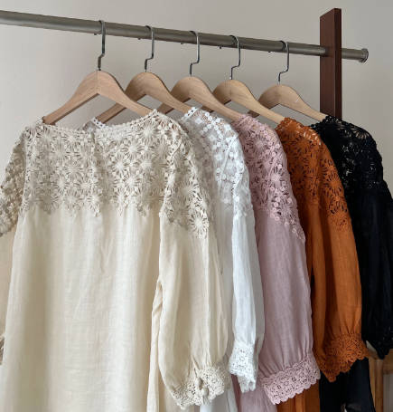 Women Ramie Round Neck Crochet Hollow-out Mid Sleeve Blouse
