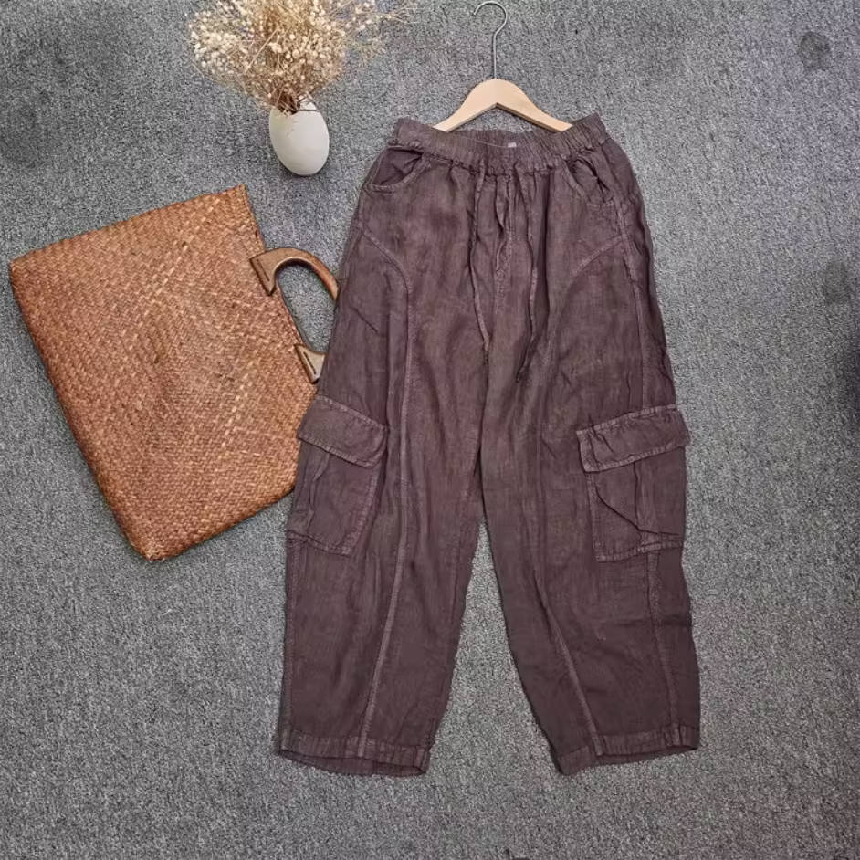 Casual Linen Solid Color Versatile Loose Cargo Pants