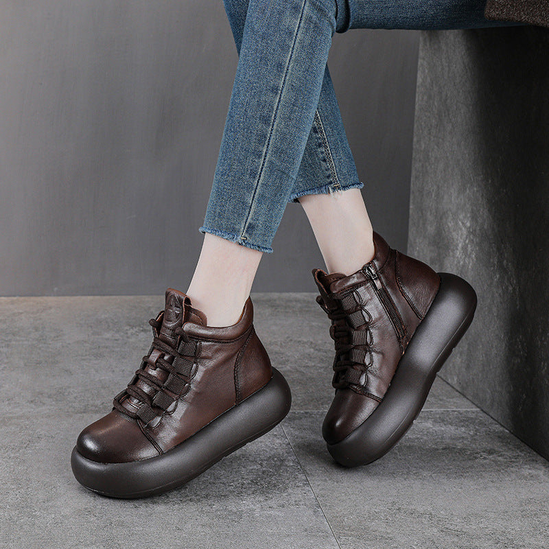 Retro Genuine Leather Thick Sole Platform Zipper Shoes