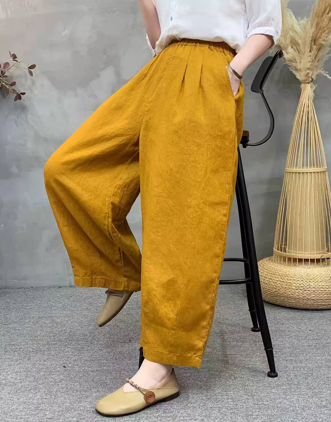 Comfortable Retro Linen Elastic Waist Slim Loose Harem Pants