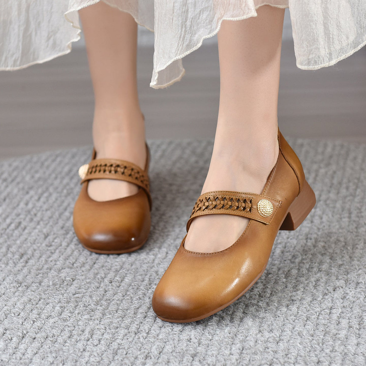 Trendy Leather Fashion Round Toe One Straped Low Heel Shoes