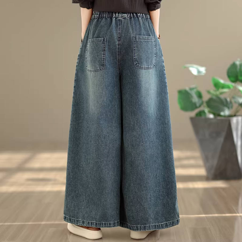 Vintage Denim Loose Embroidered Elastic Waist Lace-Up Jeans