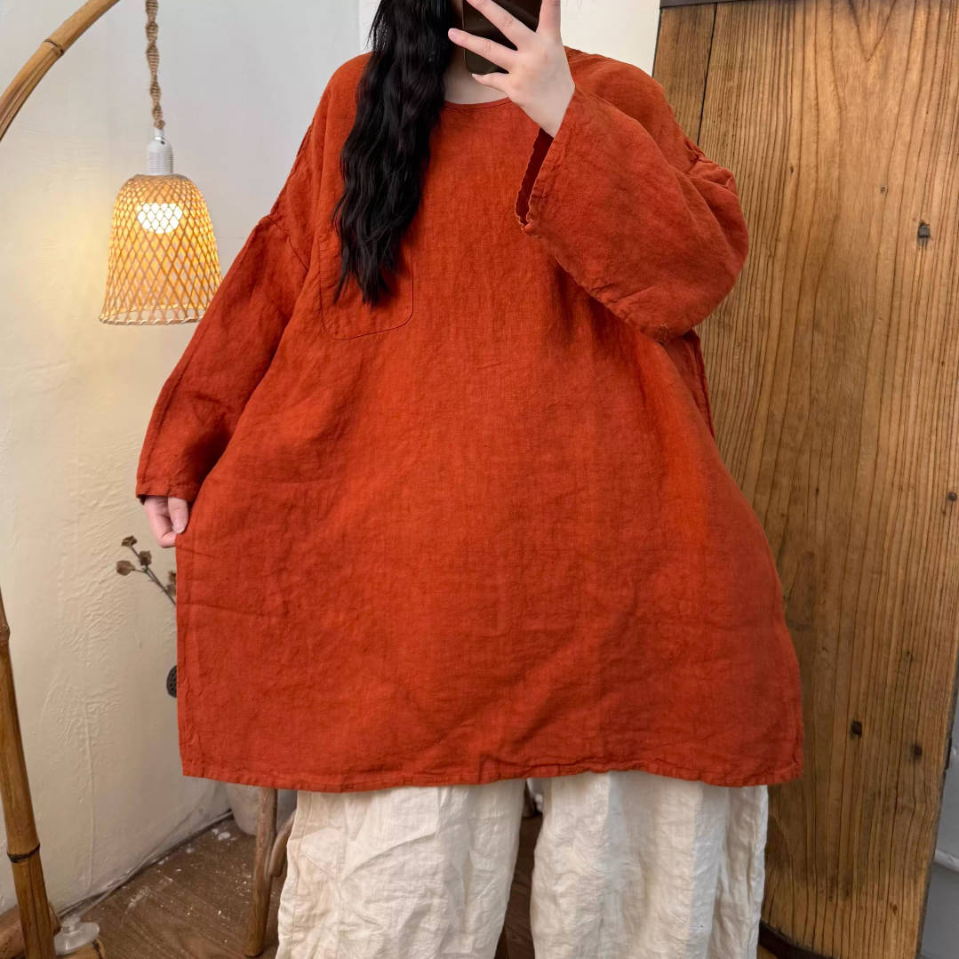 Spring Linen Round Neck Plus Loose Casual Colorful Tops