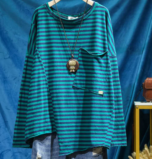 Women Casual Loose Fit Long Sleeve Striped Cotton T-Shirt