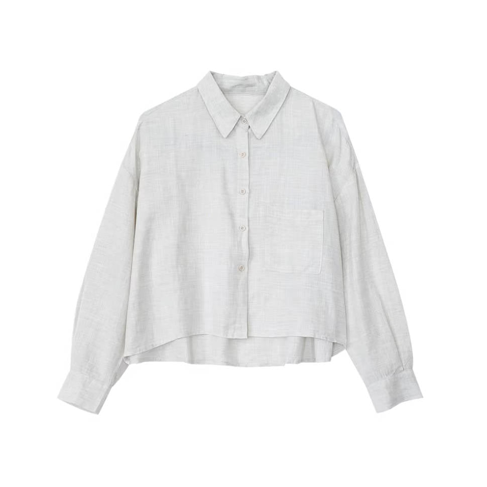 Spring Retro Ramie Lapel Long Sleeves Versatile Comfy Short Shirt