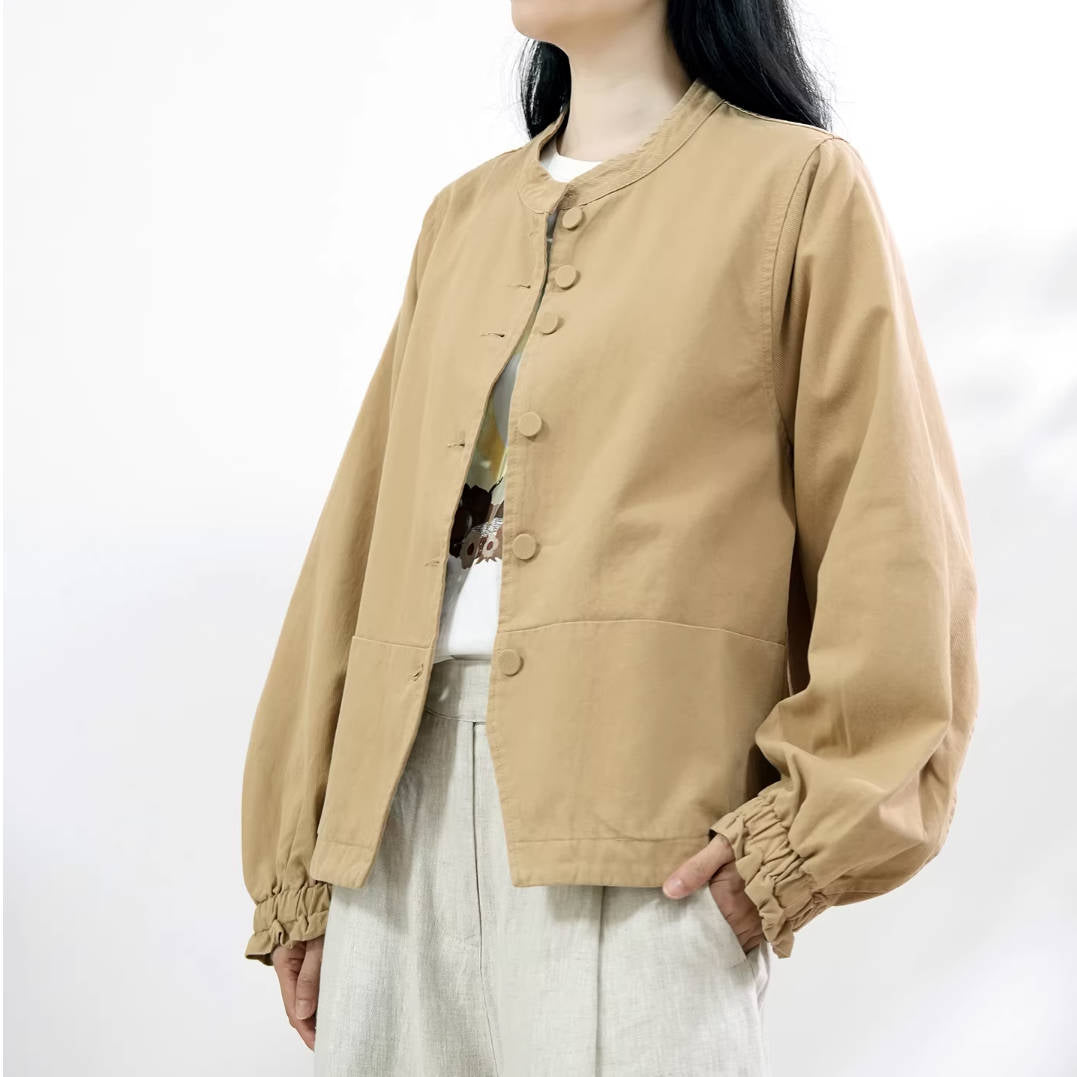 Spring Cotton Round Neck Solid Color Single-Breasted Jacket