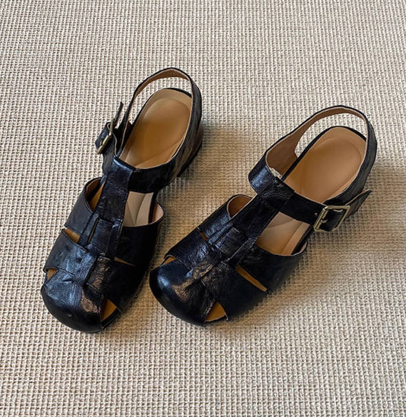 Hollow Out Leather Single Strap Chunky Heel Roman Sandals