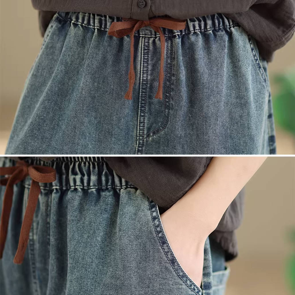 Vintage Denim Loose Embroidered Elastic Waist Lace-Up Jeans