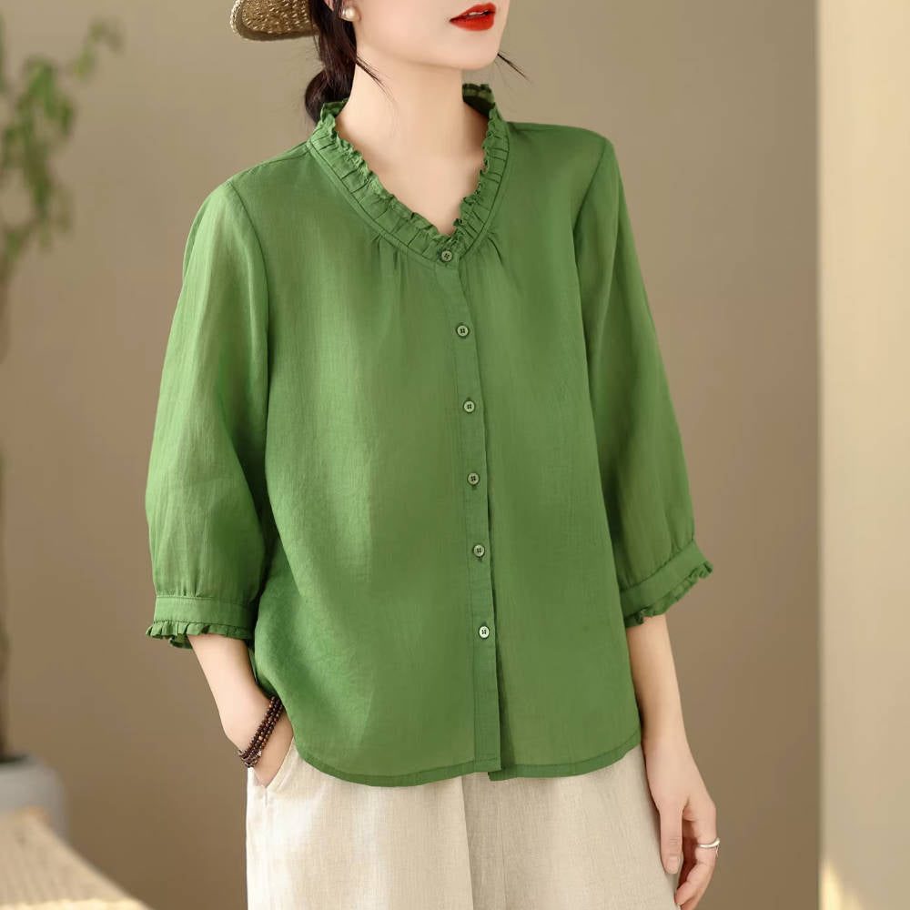 Retro Solid Color Ramie Ruffled Neck Thin Elegant Half Sleeves Shirt