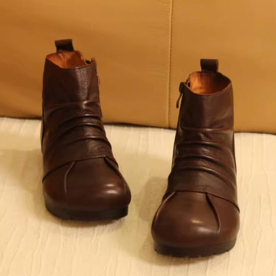 Babakud Top Leather Round Toe Wrinkle Casual Zipper Flat Boots
