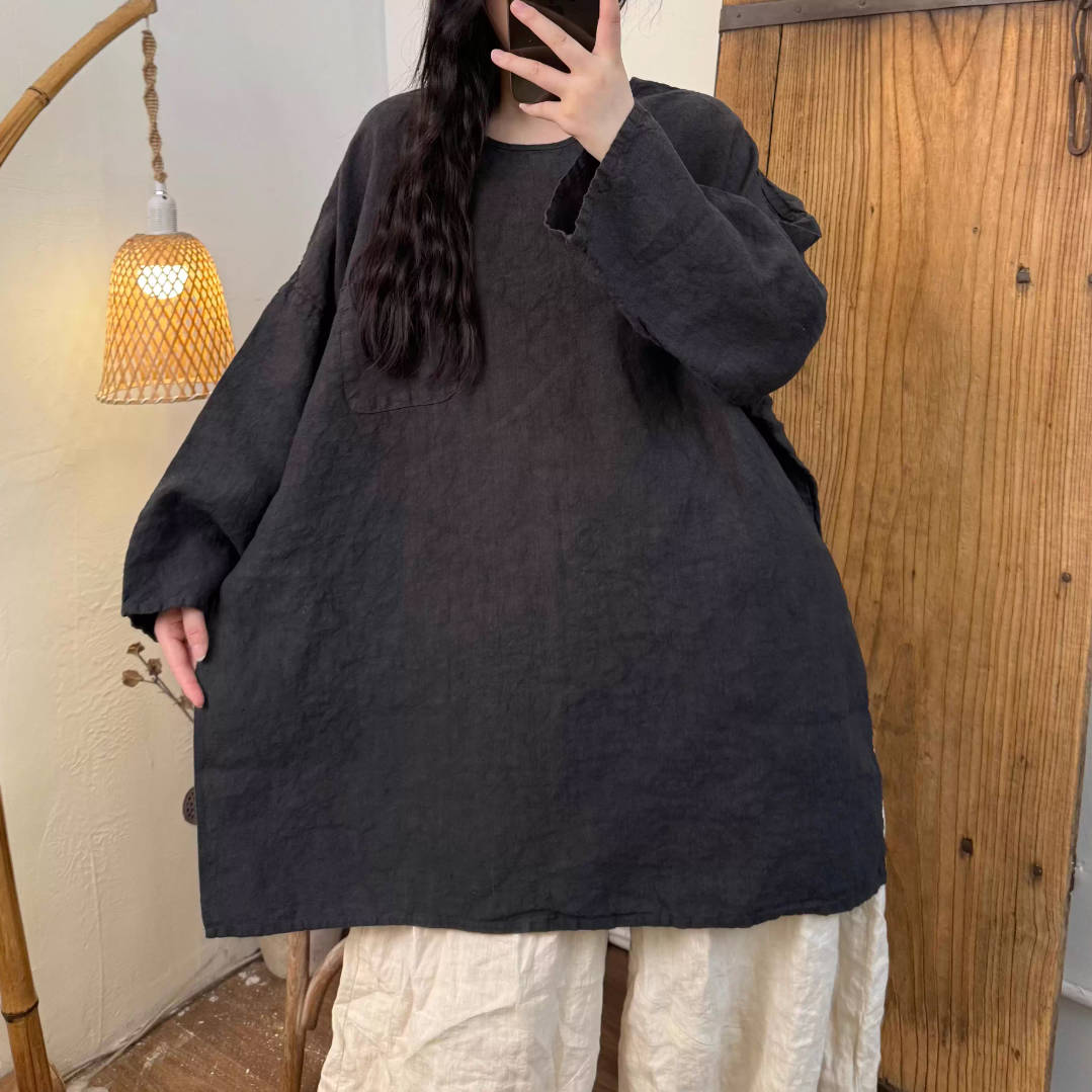Spring Linen Round Neck Plus Loose Casual Colorful Tops