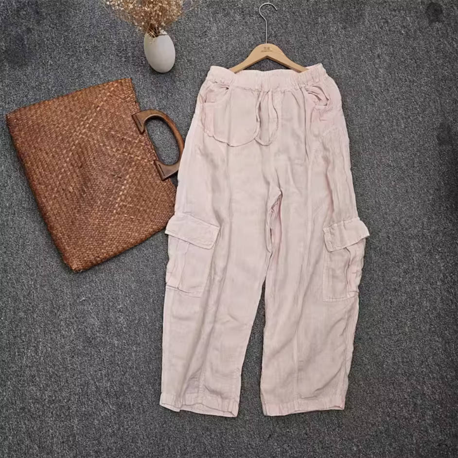 Casual Linen Solid Color Versatile Loose Cargo Pants