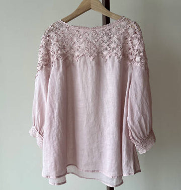Women Ramie Round Neck Crochet Hollow-out Mid Sleeve Blouse