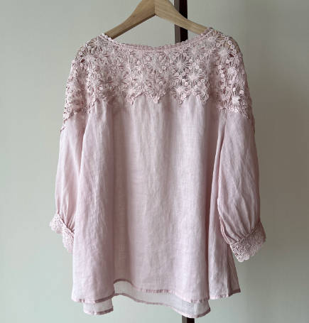 Women Ramie Round Neck Crochet Hollow-out Mid Sleeve Blouse