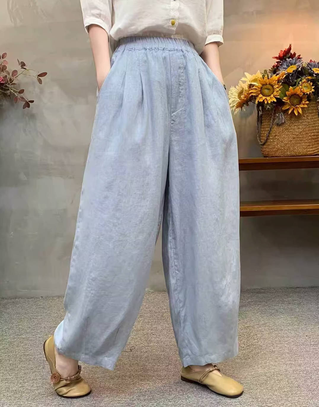 Comfortable Retro Linen Elastic Waist Slim Loose Harem Pants