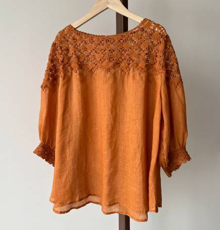 Women Ramie Round Neck Crochet Hollow-out Mid Sleeve Blouse