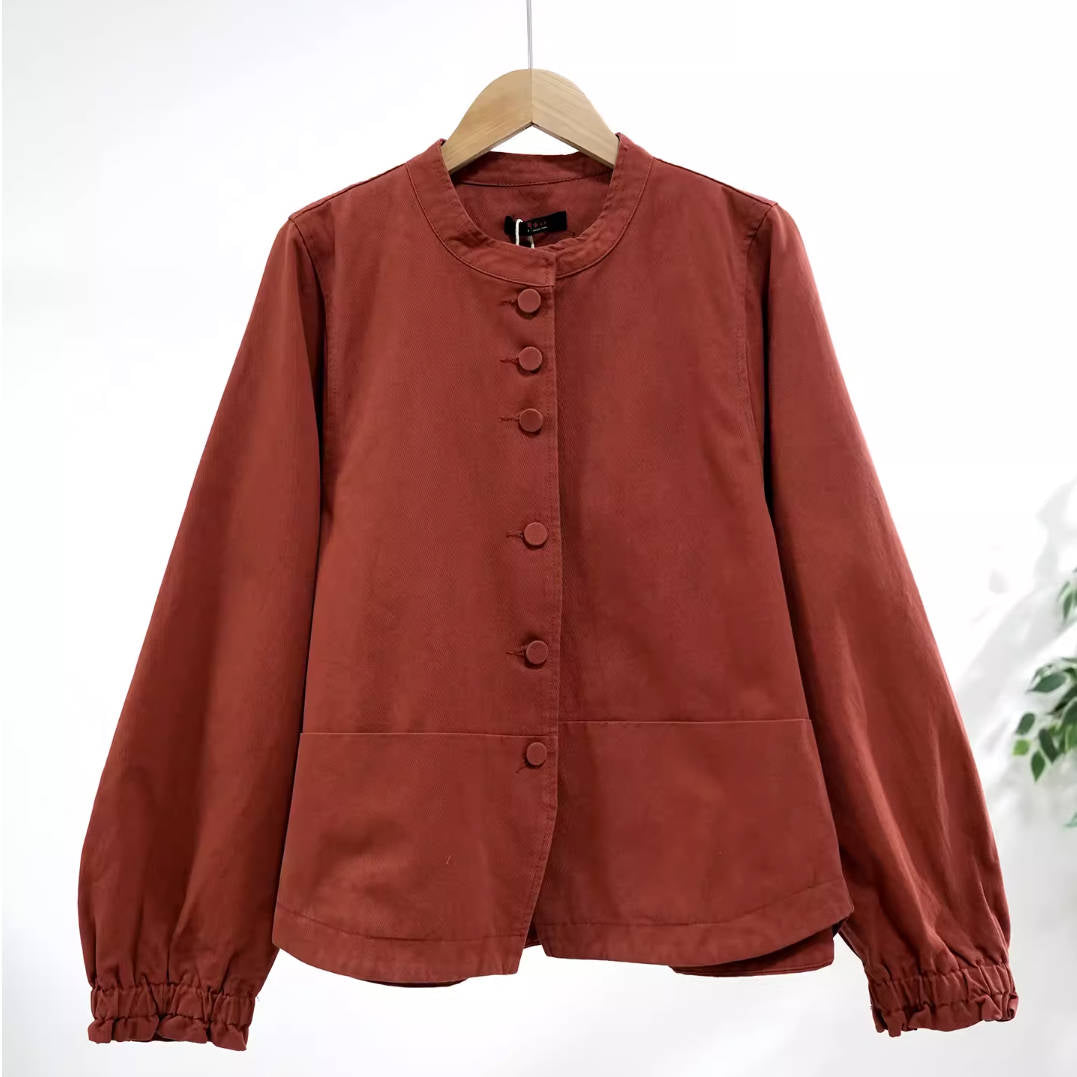 Spring Cotton Round Neck Solid Color Single-Breasted Jacket