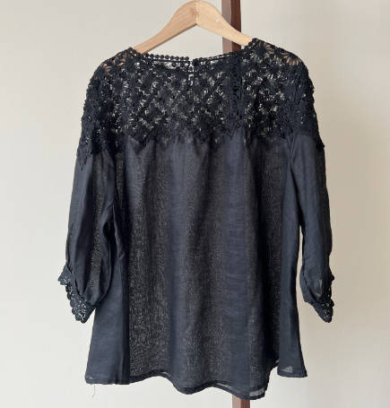 Women Ramie Round Neck Crochet Hollow-out Mid Sleeve Blouse