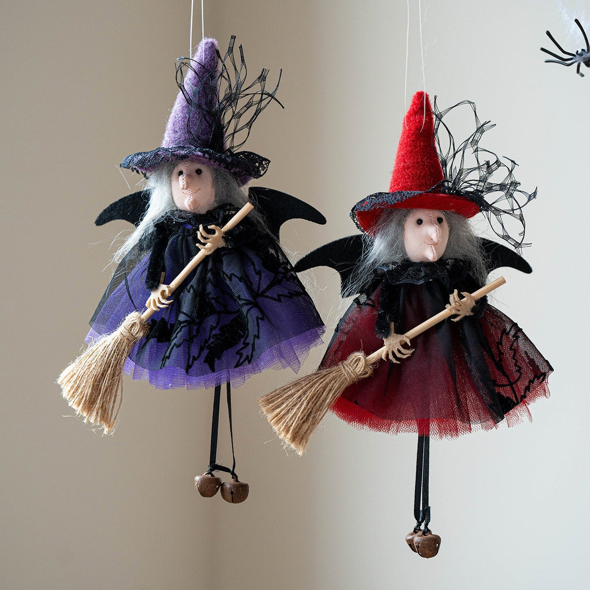 Halloween Mesh Broom Witch Decoration Bell Dangler