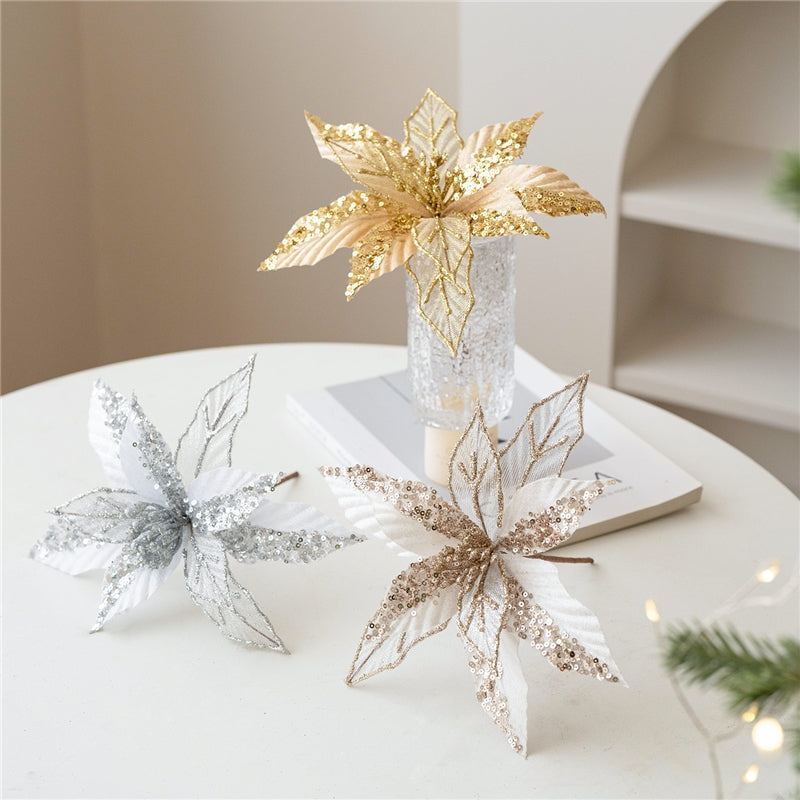 22Cm Glitter Mesh Christmas Flower