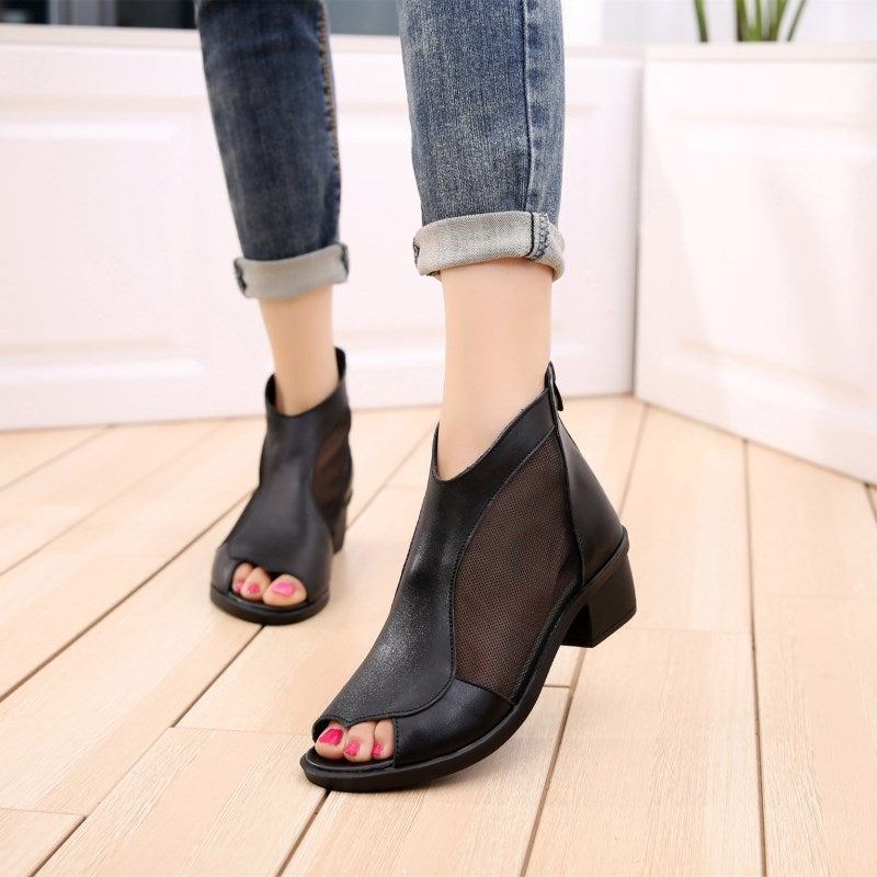 Women's Genuine Leather Mesh Chunky Heel Peep-Toe Booties