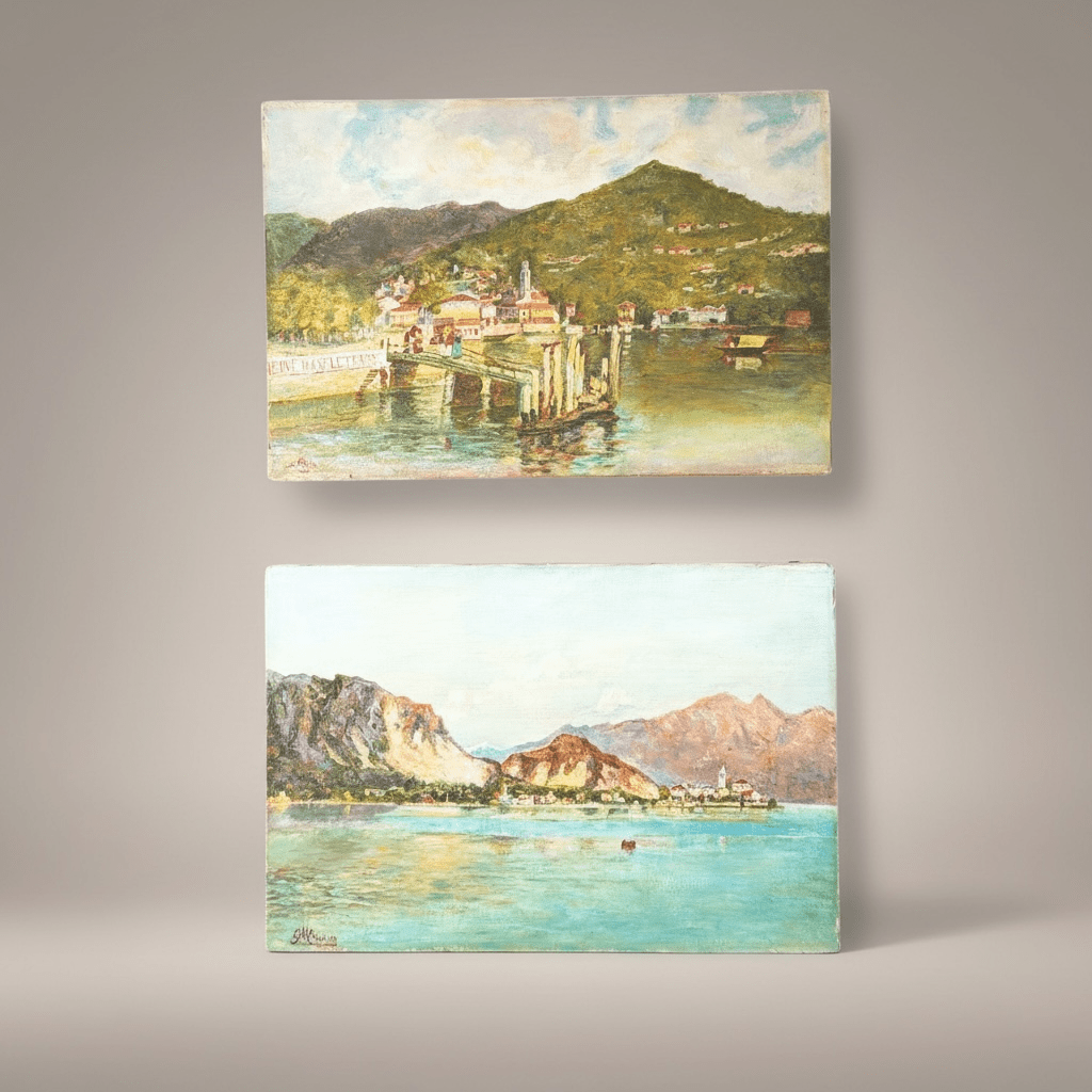 Vintage European Pair Landscape Oil Paintings Italy Signed