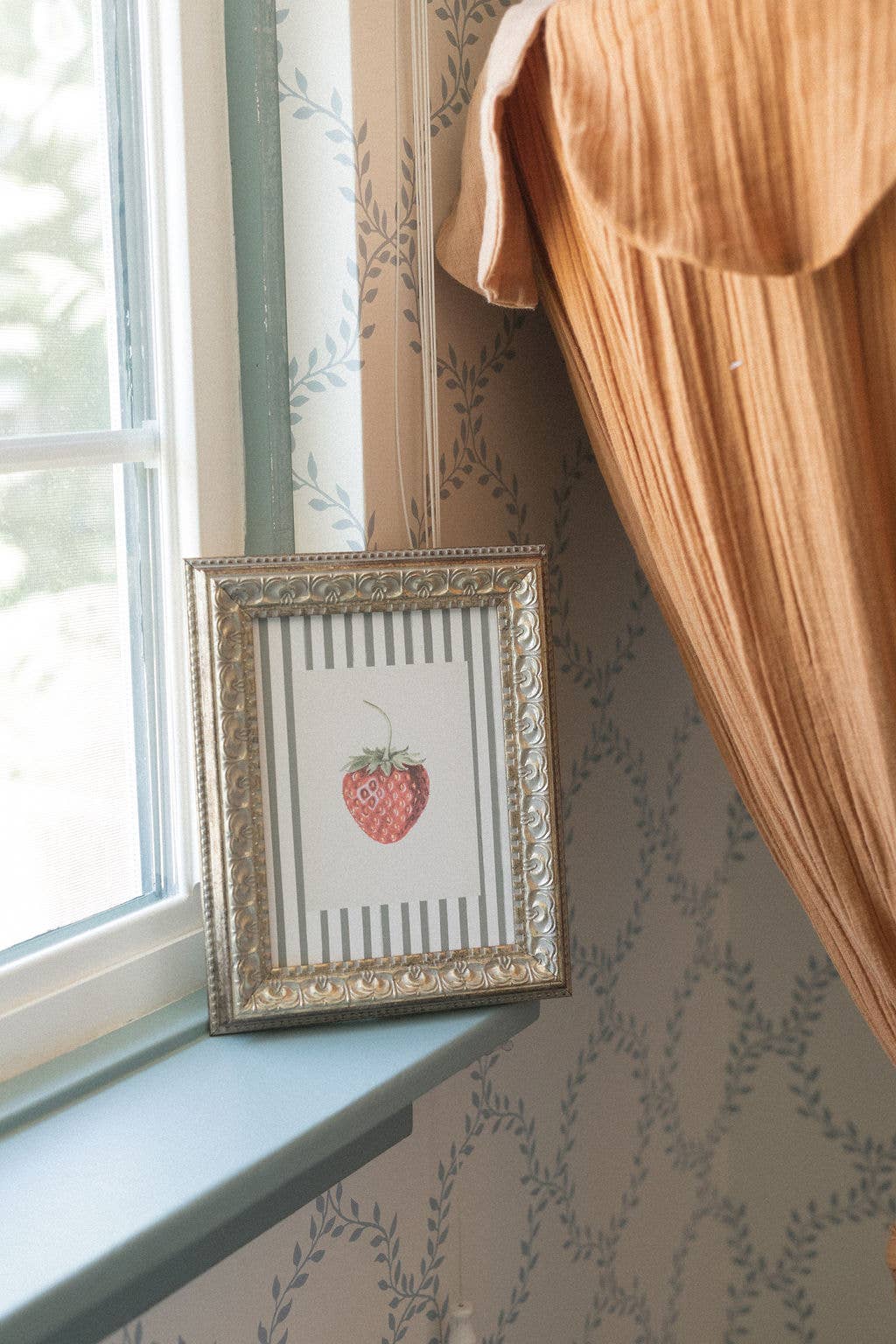Strawberries on Stripes Framed Antique Art: 12x16