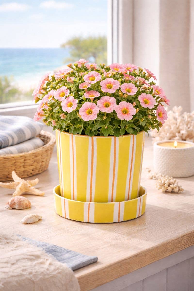 Yellow Retro Stripe Planter with Saucer
