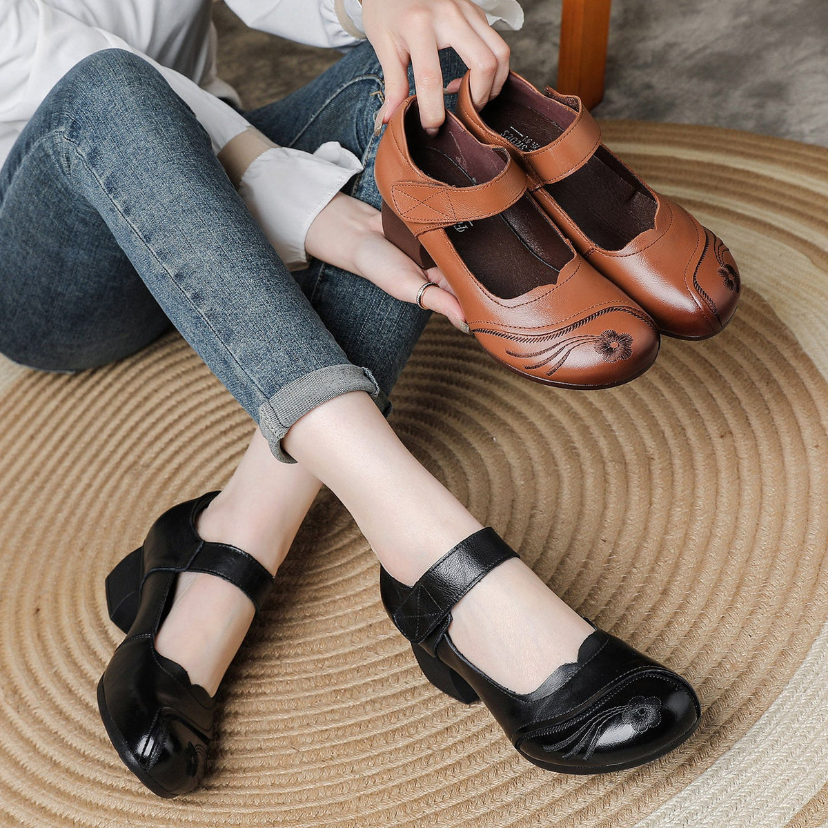 Elegant Leather Floral One Straped Velcro Low Heel Chunky Sandals
