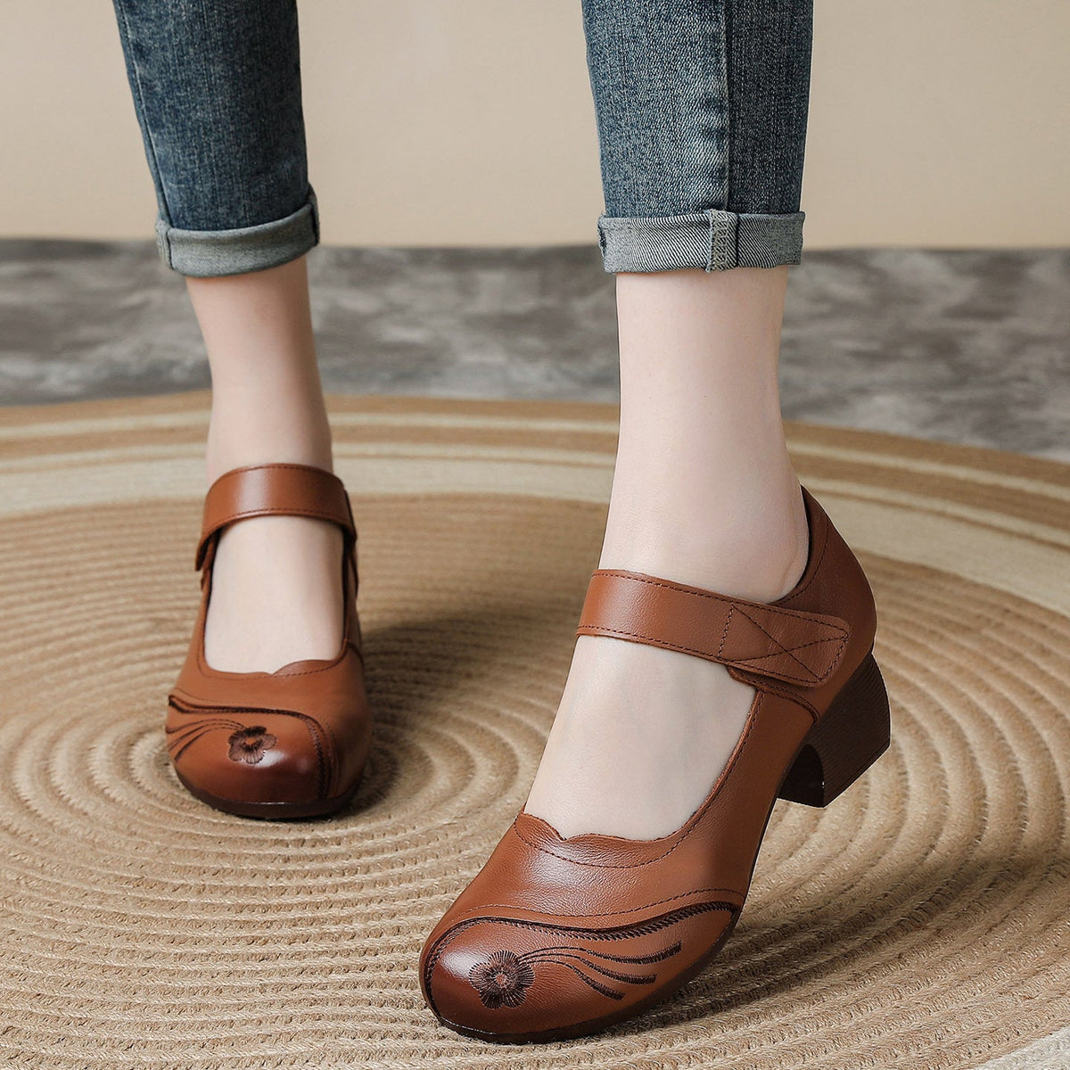 Elegant Leather Floral One Straped Velcro Low Heel Chunky Sandals