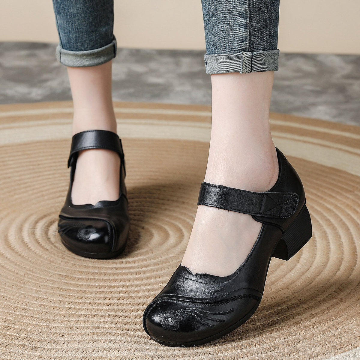 Elegant Leather Floral One Straped Velcro Low Heel Chunky Sandals
