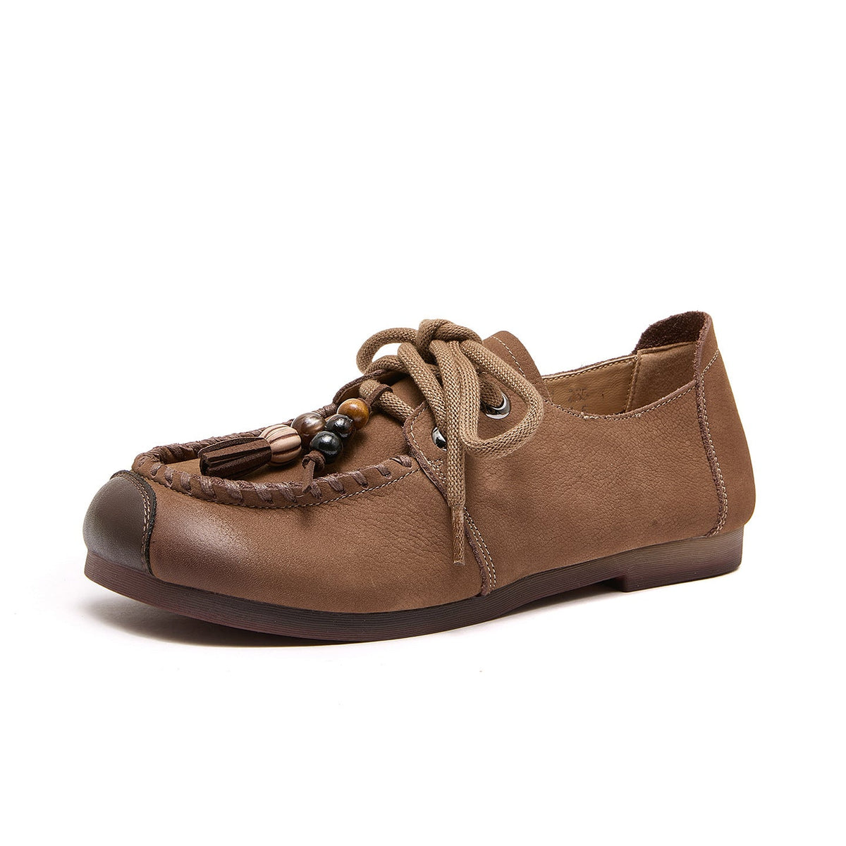 Autumn Leather Retro Lace-Up Beadwork Flat Sole Shoes