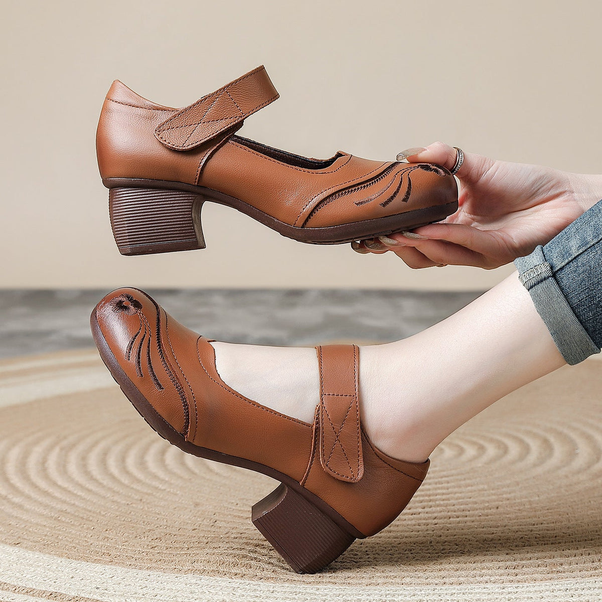 Elegant Leather Floral One Straped Velcro Low Heel Chunky Sandals