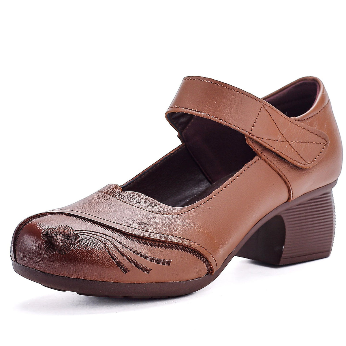 Elegant Leather Floral One Straped Velcro Low Heel Chunky Sandals