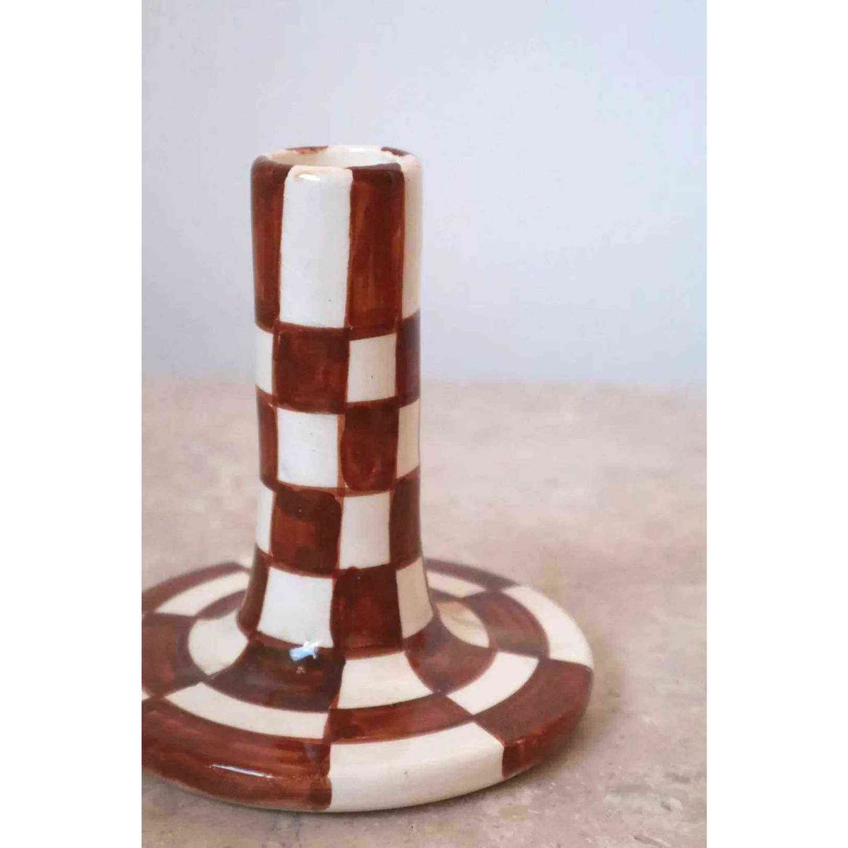 Handmade Ceramic Candle Holders in Brown and White Checkered Design