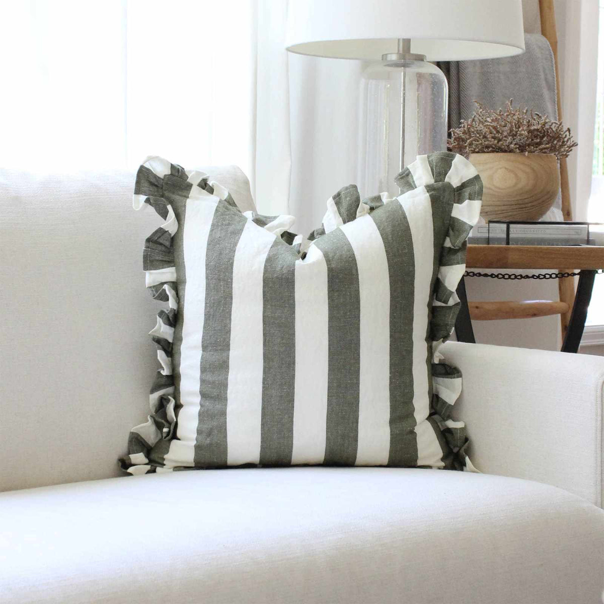 Green Ruffled Cabana Stripe Pillow Cover