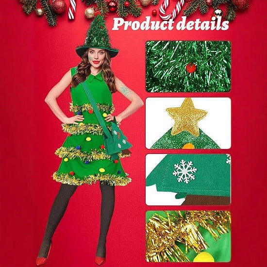 Women's Christmas Tree Costume Set With Hat, Glasses, And Bag