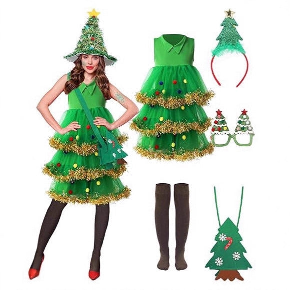 Women's Christmas Tree Costume Set With Hat, Glasses, And Bag