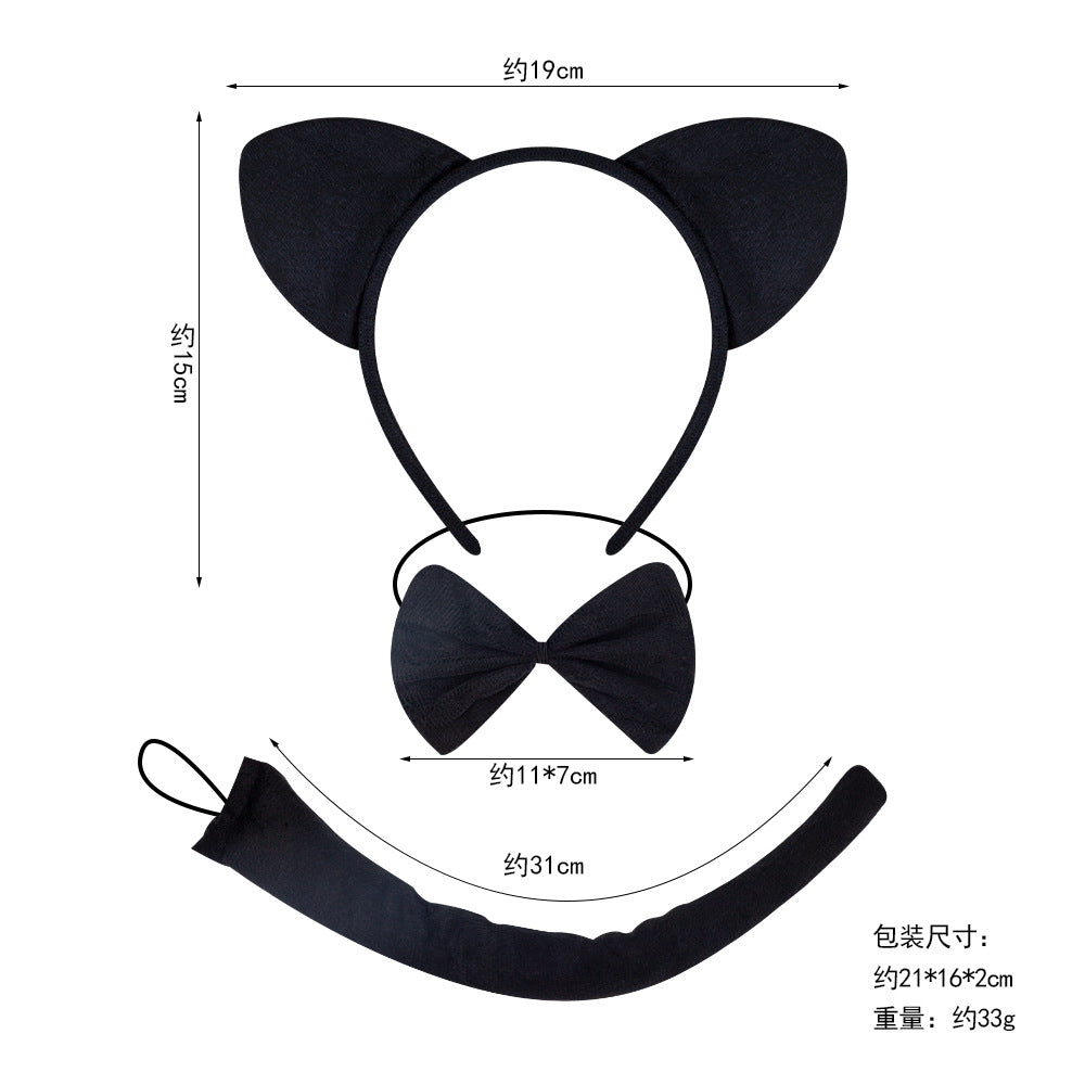 Halloween Black Cat Ears Headband With Plush Animal Ears Set