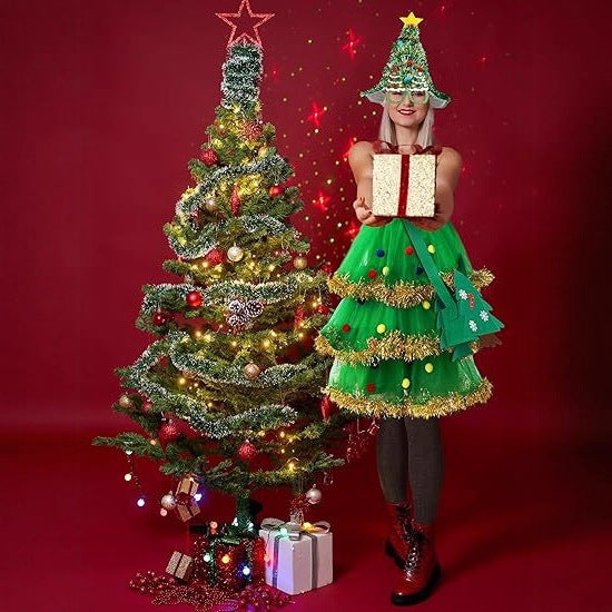Women's Christmas Tree Costume Set With Hat, Glasses, And Bag